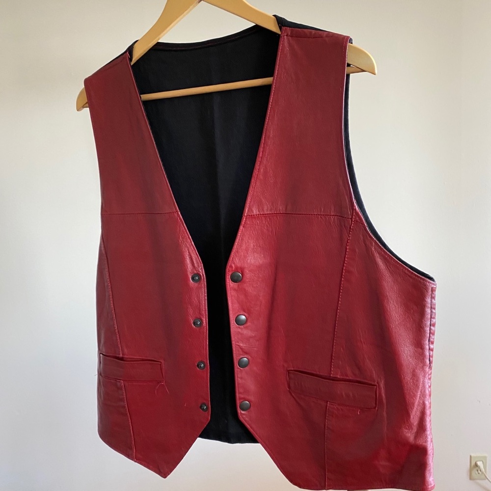 Red leather vest gilet europe handmade